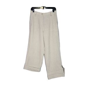 Liz Claiborne Wide Leg Linen Pants Beige Roll Tab Cuffed Medium Coastal Beachy